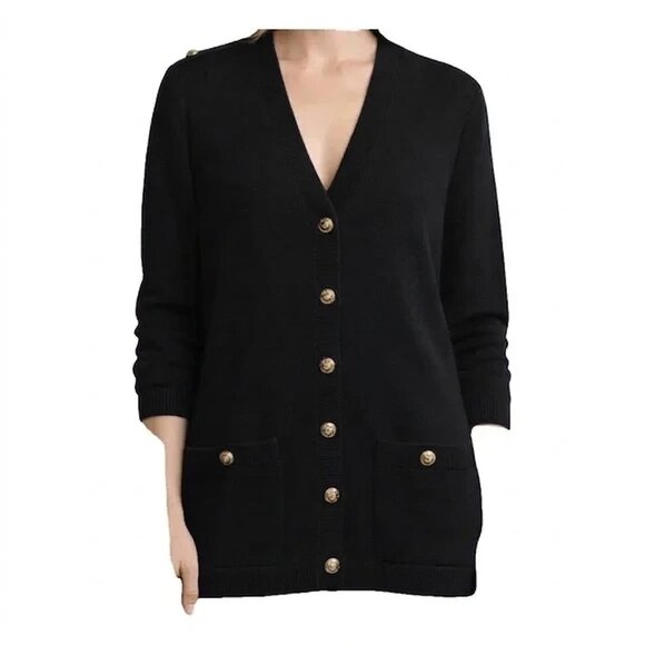 St John Basics Sweater Womens Large Black Long Cardigan Gold Buttons Trim